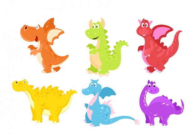 Conjunto de ilustración de coloridos dinosaurios divertidos en estilo plano de dibujos animados.