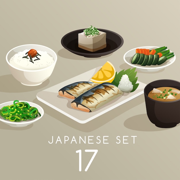 Vector conjunto de ilustración de comida japonesa