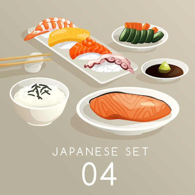 Conjunto de ilustración de comida japonesa