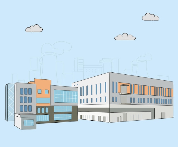 conjunto de ilustración complejo de fábrica industria arquitectura edificio planta Dibujo vectorial Dibujo a mano