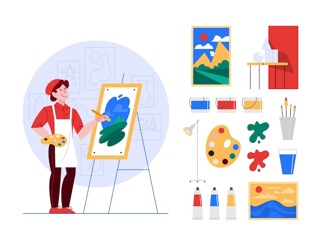 Conjunto de ilustración de concepto de artista. Idea de gente creativa. Artista masculino de pie frente a un gran caballete, sosteniendo un pincel y pinturas. Pinceles, pinturas al óleo, conjunto de obras de arte