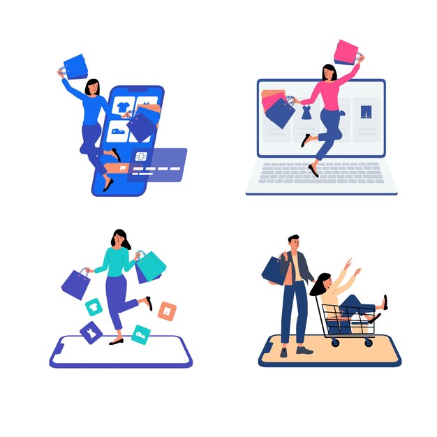 Conjunto de ilustración de concepto de compras en línea
