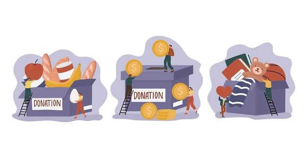 Conjunto de ilustración de concepto de donación y voluntarios, como compartir amor, comida, dinero, libros de comestibles