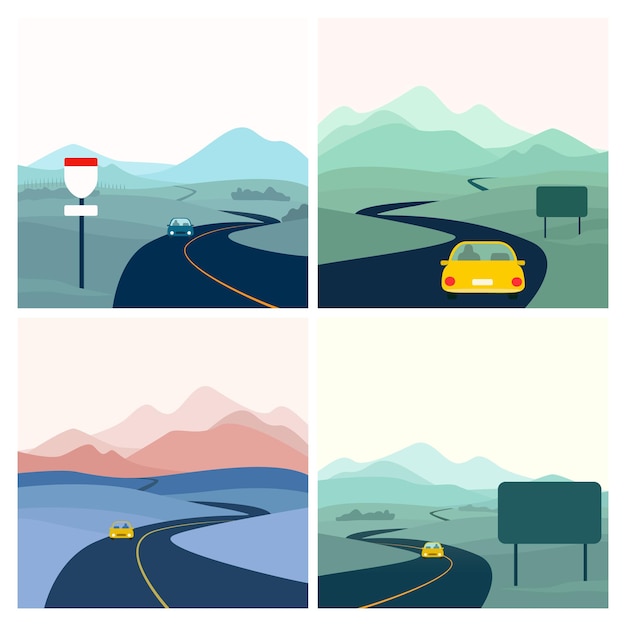 Vector conjunto de ilustración de concepto plano de paisaje de carretera larga con coche solitario en una distancia y carretera