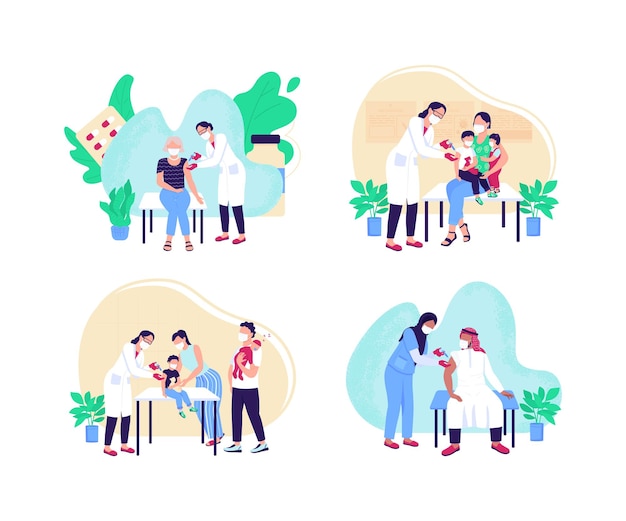 Conjunto de ilustración de concepto plano de vacunación de adultos y niños