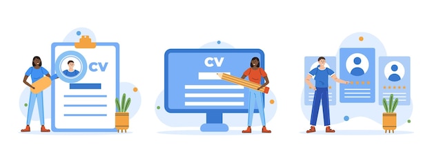 Conjunto de ilustración de contratación Gestión de recursos humanos Análisis de trabajo selección y selección de abastecimiento Carácter que solicita un puesto de trabajo Concepto de proceso de contratación de trabajo