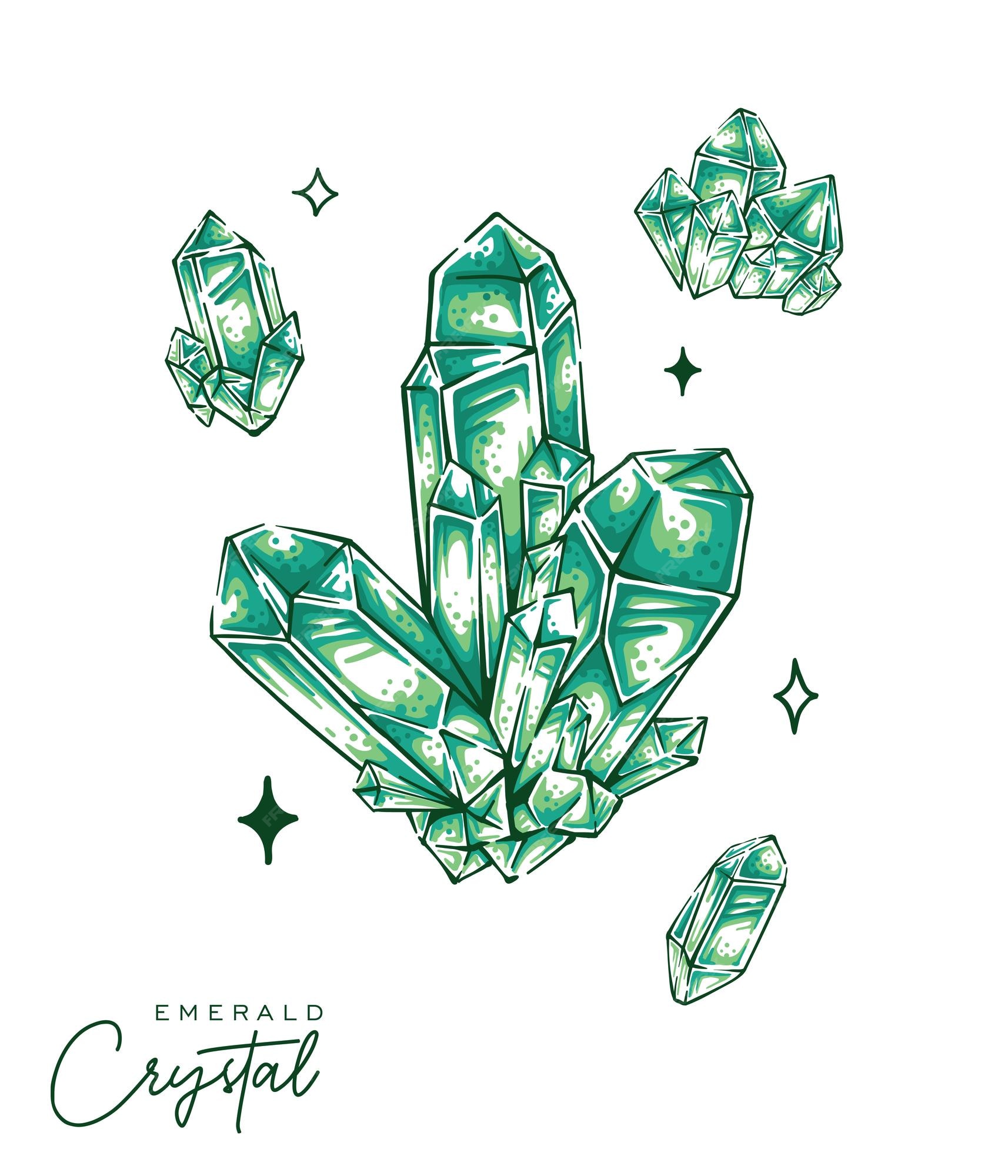 Conjunto de ilustración de cuarzo esmeralda dibujado a mano piedra preciosa  de cristal color verde vector de dibujo detallado | Vector Premium