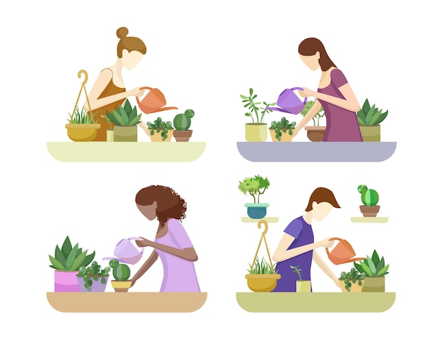 Conjunto de ilustración de cuidado de plantas caseras