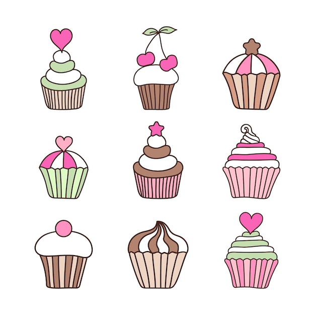 Conjunto de ilustración de cupcake dibujado a mano