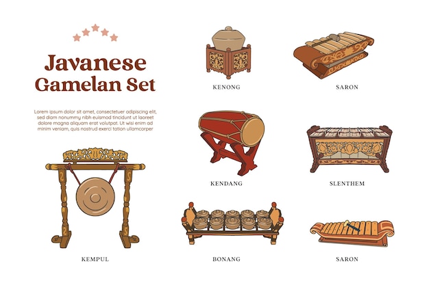 Conjunto de ilustración de dibujado a mano instrumental de música tradicional gamelan