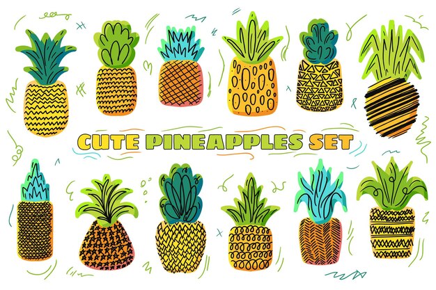 Conjunto de ilustración de dibujado a mano de vector de piña. colección de frutas tropicales aislado en blanco