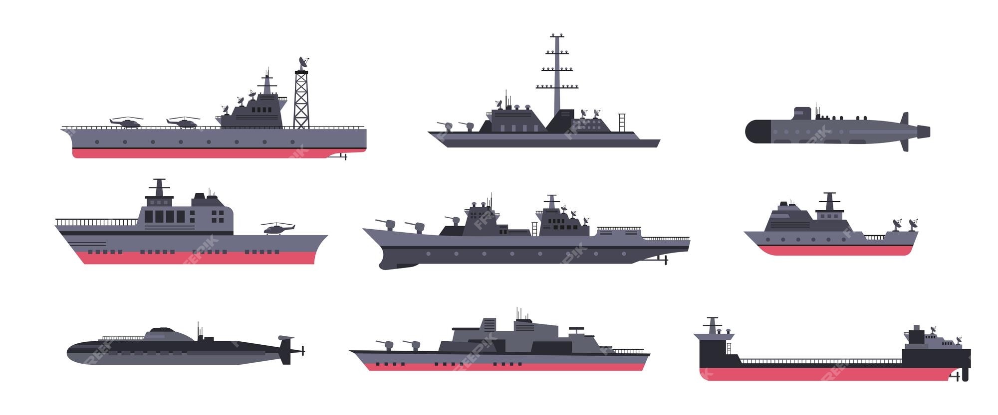 Conjunto de ilustración de dibujos animados de barcos militares y  submarinos. varios buques de guerra, embarcaciones y barcos sobre fondo  blanco. armada, poder marítimo, fuerzas marinas, guerra, concepto de  batalla | Vector