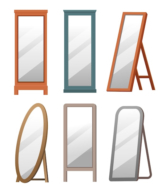 Conjunto de ilustración de dibujos animados de espejos de piso de casa. espejos ovalados, rectangulares de madera y metal para dormitorio, salón o pasillo aislados en fondo blanco. concepto de interiores