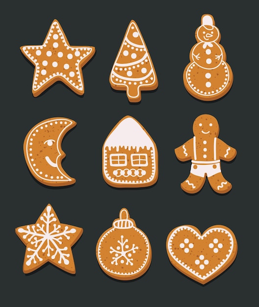 Vector conjunto de ilustración de dibujos animados de galletas de jengibre navidad sobre fondo oscuro