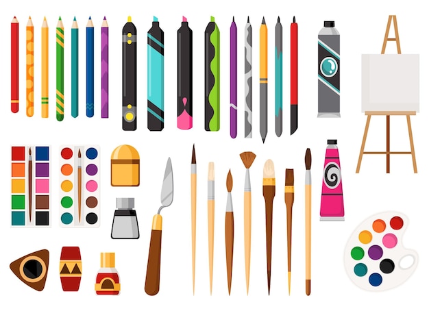 Conjunto de ilustración de dibujos animados de herramientas de pintura dibujo de materiales creativos para diseños Conjunto de ilustración de dibujos animados de herramientas de pintura dibujo de materiales creativos para diseños