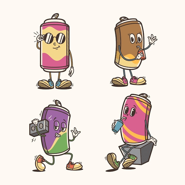 Conjunto de ilustración de dibujos animados de lata de refresco tradicional con poses y expresiones variadas