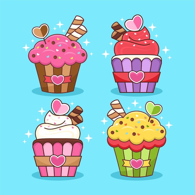 Conjunto de ilustración de dibujos animados lindo cupcake