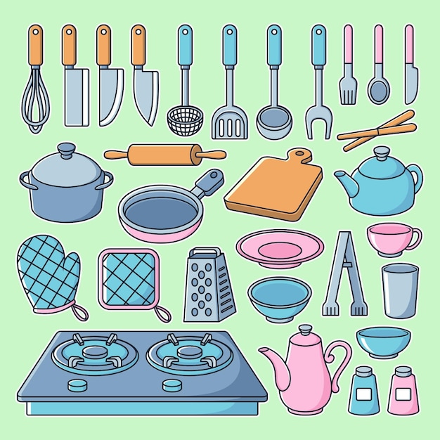 Vector conjunto de ilustración de dibujos animados lindo de objetos de cocina