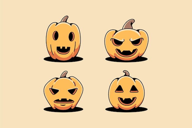 Vector conjunto de ilustración de dibujos animados retro de halloween con forma de calabaza colección premium