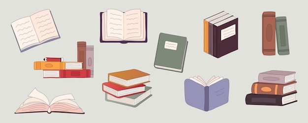 Conjunto de ilustración de dibujos animados de vector de pila de libros. Pila de colección de libros para biblioteca escolar o librería. Bosquejo de doodle de pila de libro aislado sobre fondo blanco