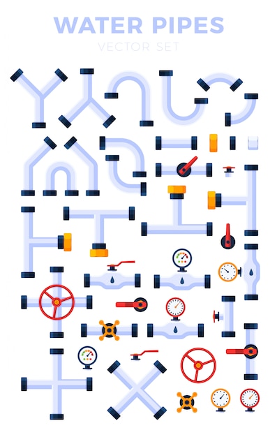 Vector conjunto de ilustración de diferentes tipos de tubos aislados. tubos de agua, elementos para la construcción de válvulas de gas, concepto industrial de aceite en estilo plano.