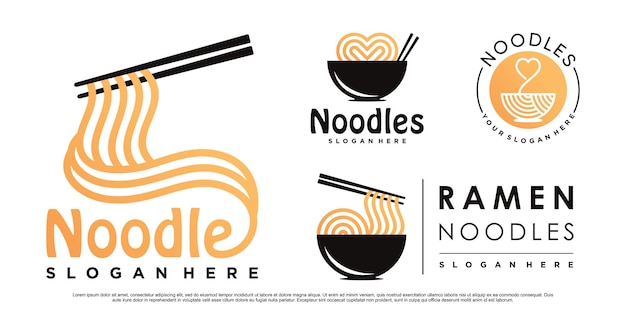 Conjunto de ilustración de diseño de logotipo de fideos ramen para restaurante con concepto creativo Vector Premium