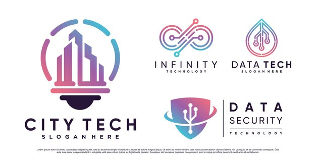 Conjunto de ilustración de diseño de logotipo de tecnología digital con elemento creativo Vector Premium