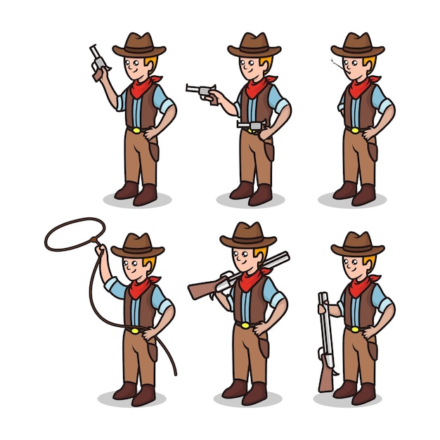 Conjunto de ilustración de diseño de mascota de sheriff del salvaje oeste lindo vaquero