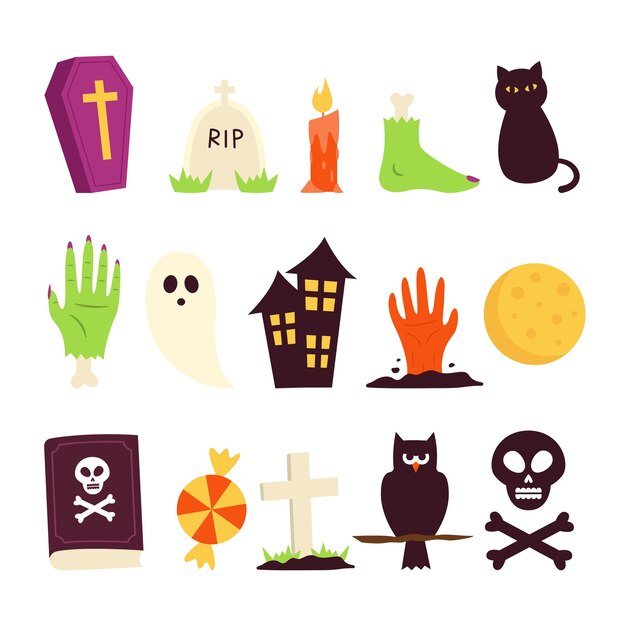 Conjunto de ilustración de diseño plano de elemento de halloween