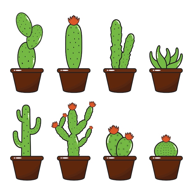 Conjunto de ilustración de diseño plano de maceta de cactus cactus