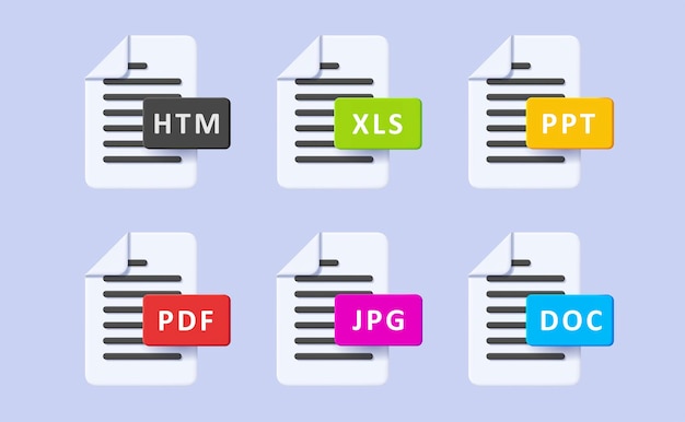 Conjunto de ilustración de documento de iconos de extensión de formato con insignias de colores