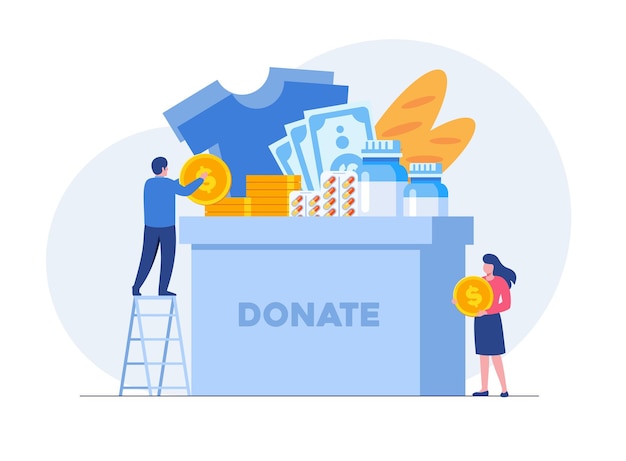 Vector conjunto de ilustración de donación de dinero de personajes voluntarios que ponen monedas en la caja de donación y donan apoyo financiero y concepto de recaudación de fondos ilustración de vector plano