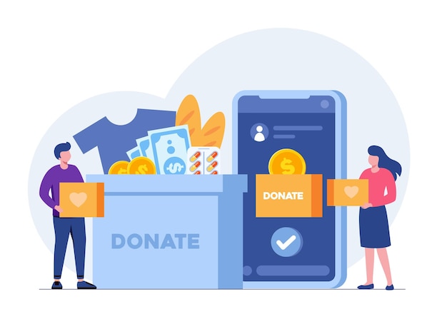 Conjunto de ilustración de donación de dinero de personajes Voluntarios que ponen monedas en la caja de donación y donan Apoyo financiero y concepto de recaudación de fondos Ilustración de vector plano