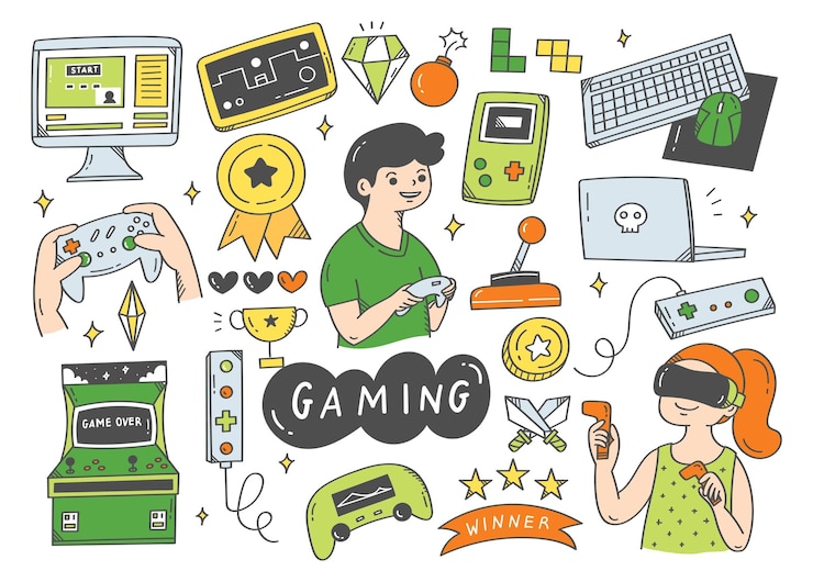 Vector conjunto de ilustración de doodle de videojuego