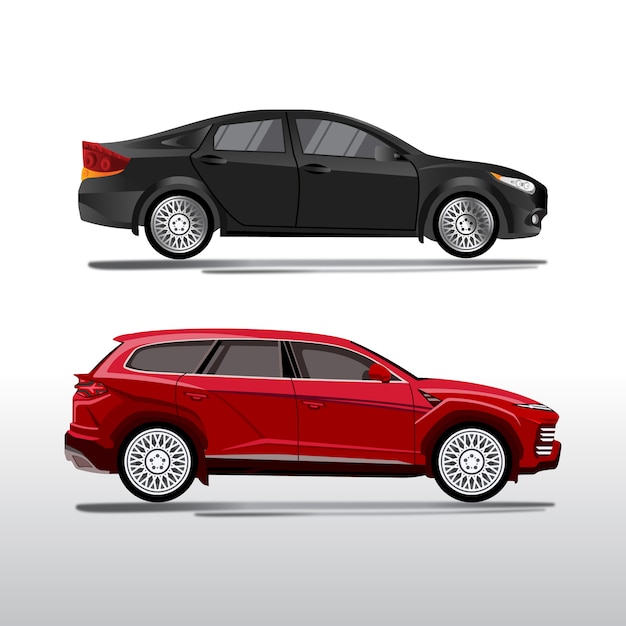 Un conjunto de ilustración de dos vehículos tipo sedán y SUV de lujo, estilo vector realista