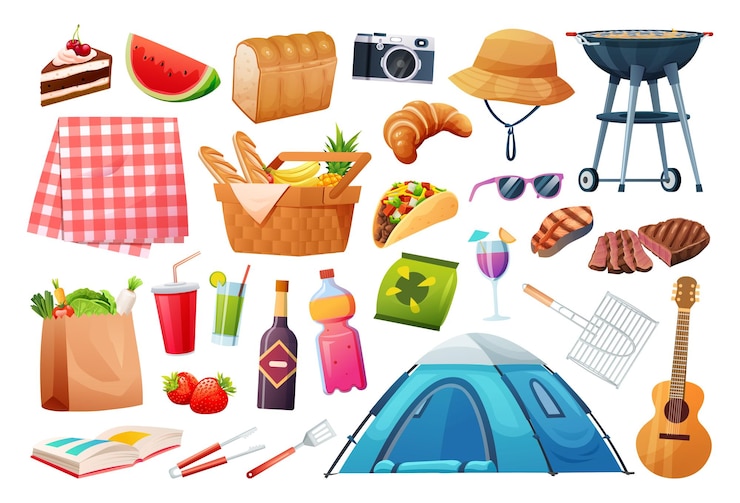 Vector conjunto de ilustración de elementos de picnic. cesta con alimentos, bebidas, frutas, vector de equipo de parrilla
