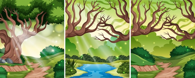 Vector conjunto de ilustración de escena de bosque