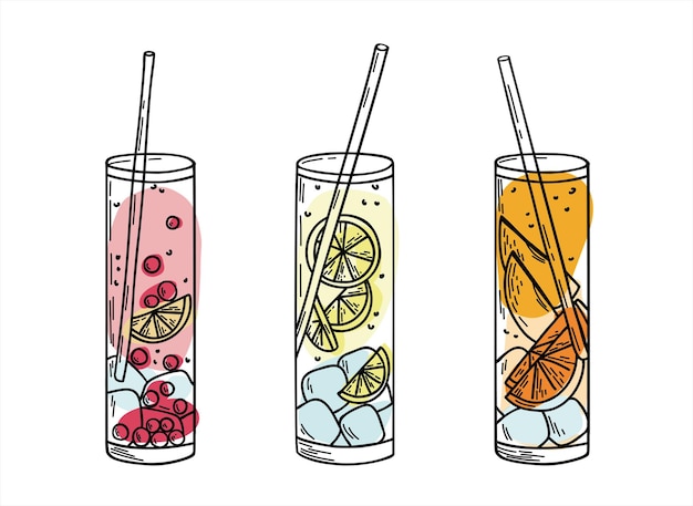 Conjunto de ilustración de fideos de limonada fría. Bosquejo de un vaso de limonada con hielo y frutas