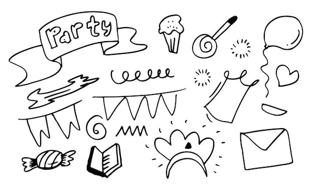 Conjunto de ilustración de fiesta doodle dibujado a mano para elemento de diseño de fiesta