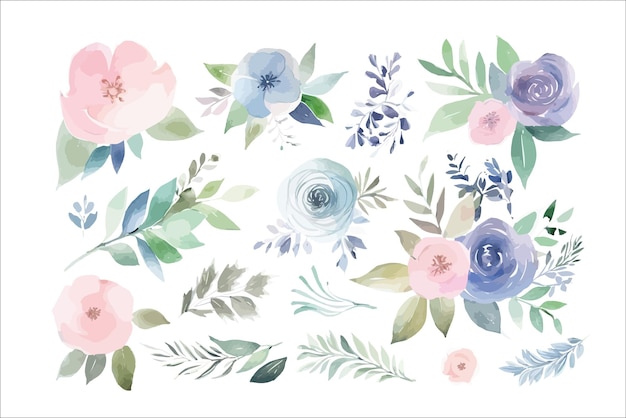 Vector conjunto de ilustración floral acuarela plantilla de elementos de flores decorativas ilustración de dibujos animados plana aislada sobre fondo blanco