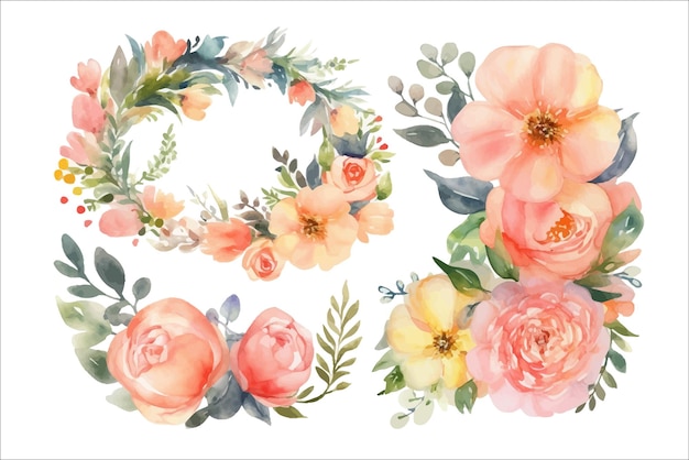 Conjunto de ilustración floral aislado Plantilla de elementos de flor decorativa Ilustración de dibujos animados plana aislada