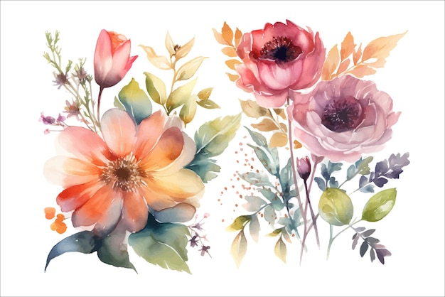 Conjunto de ilustración floral aislado Plantilla de elementos de flor decorativa Ilustración de dibujos animados plana aislada