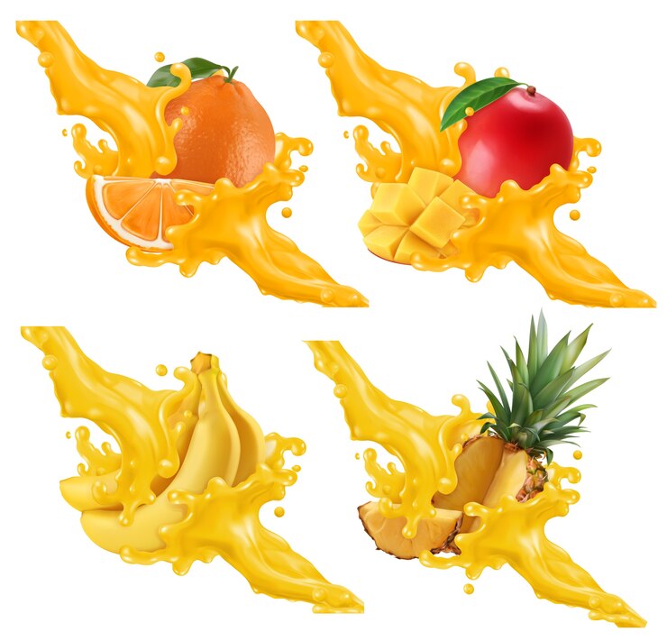 Vector conjunto de ilustración de frutas y bayas en un chorrito de jugo