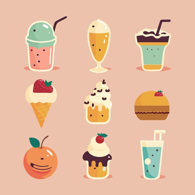Conjunto de ilustración Frutas Postres Cócteles Helados y pasteles