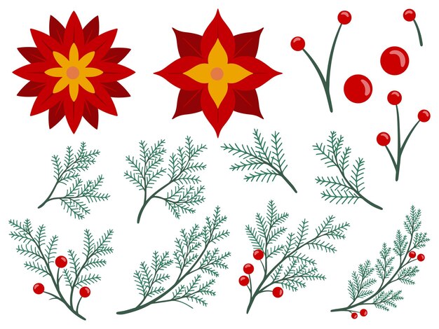 Vector conjunto de ilustración de hojas de acebo de navidad con flores