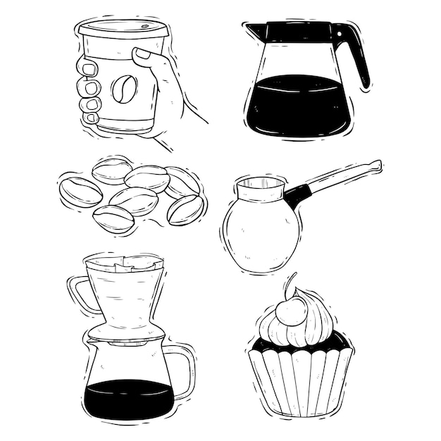 conjunto de ilustración de la hora del café o de la pausa para el café con dibujo a mano o estilo de dibujo