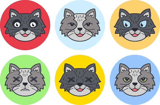 Conjunto de ilustración de icono de cara de gato lindo, diseño plano