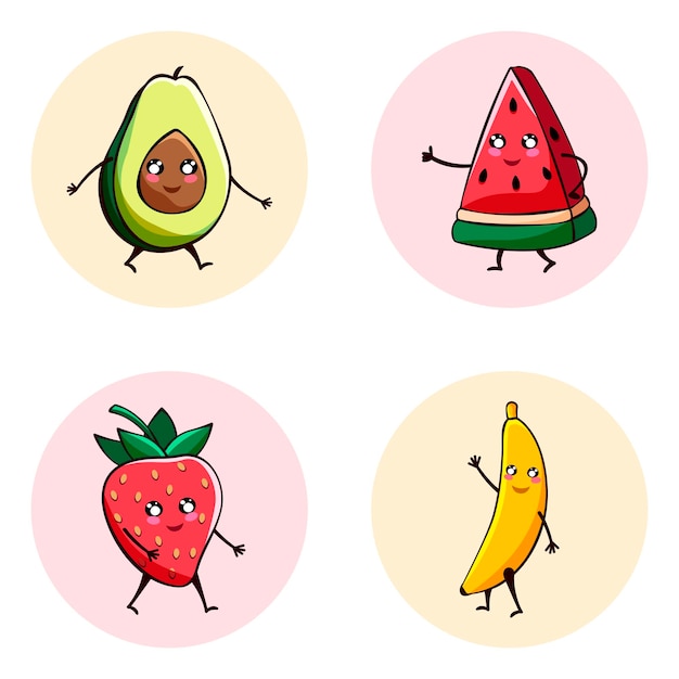 Conjunto de ilustración de icono de frutas kawaii