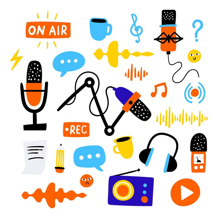 Vector conjunto de ilustración de icono de radio de podcast micrófono de mesa de estudio con texto de transmisión en el aire