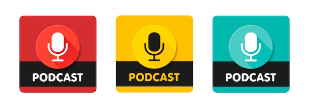 Conjunto de ilustración de icono de radio de podcast. Micrófono de mesa de estudio con transmisión de texto. Logotipo de concepto de grabación de audio por webcast.